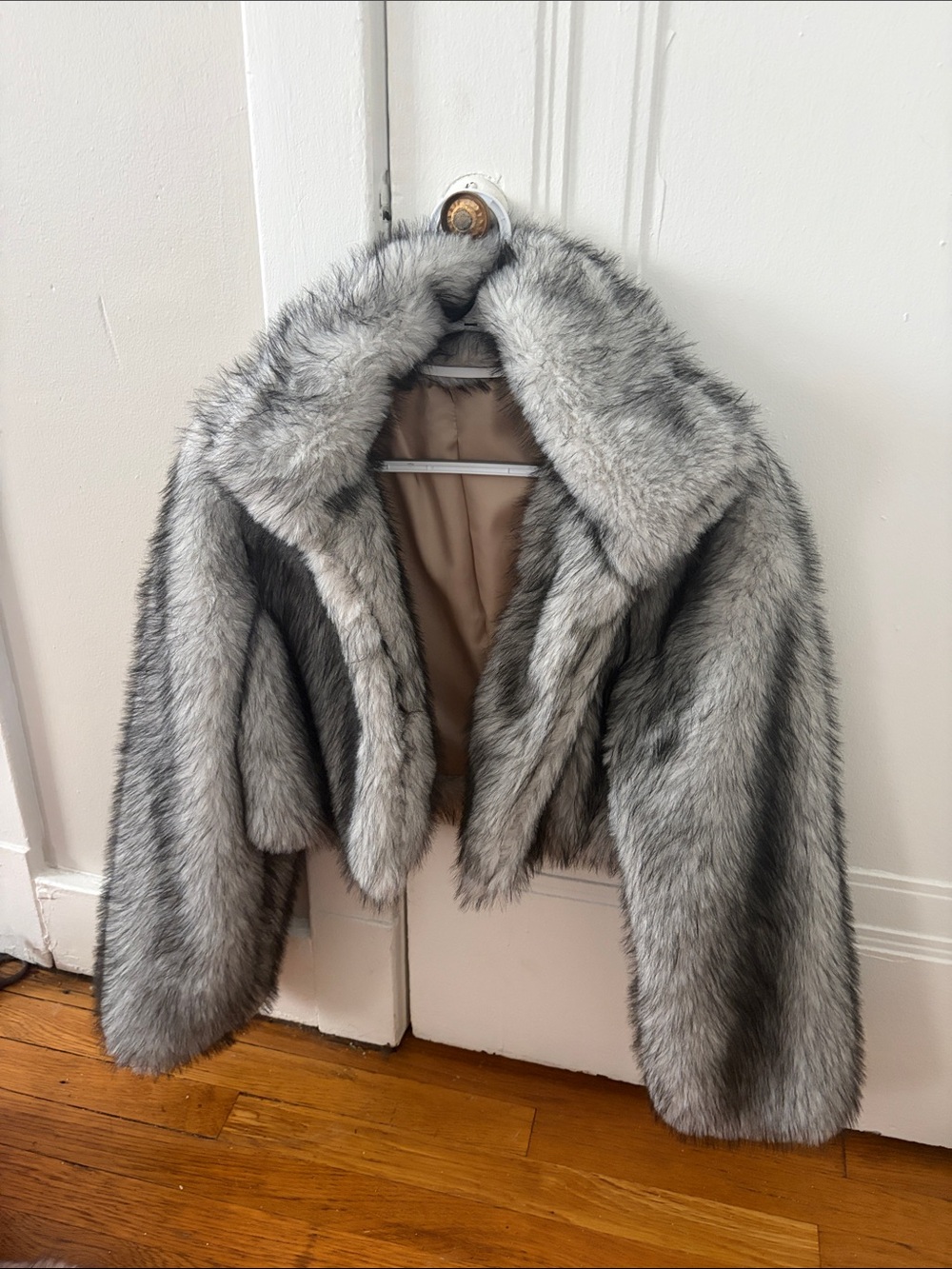 SHEIN Silver Gray Faux Fur Cropped Jacket